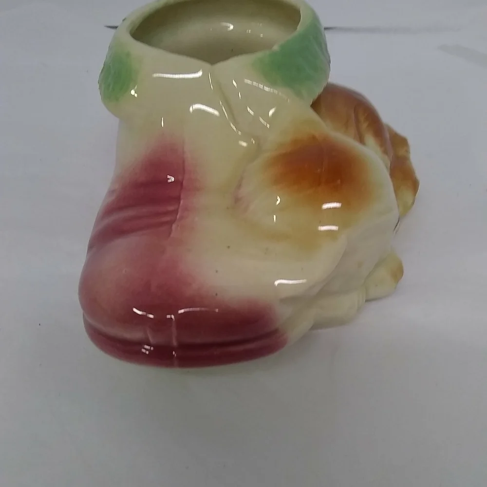 SLEEPING Cat On Shoe Boot Vase Porcelain Ceramic Flower Planter Pink Green Ivory